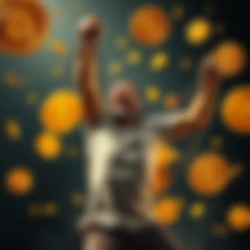 A man joyfully breaking free from chains symbolizing fiat currency, surrounded by digital Bitcoin symbols, representing financial freedom.