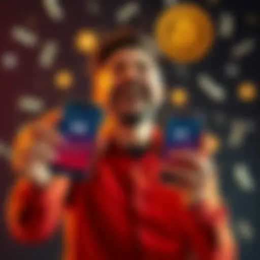 A man joyfully holding a smartphone displaying XRP charts, symbolizing financial success and growth, surrounded by money and cryptocurrency symbols.