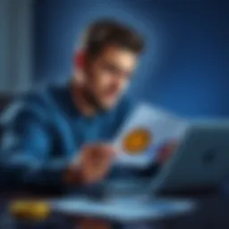 A man looking at a laptop with Bitcoin charts while holding a house key and a mortgage document, contemplating financial decisions.