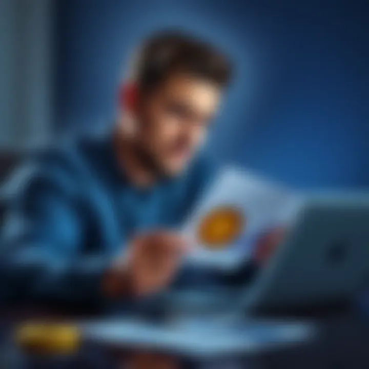 A man looking at a laptop with Bitcoin charts while holding a house key and a mortgage document, contemplating financial decisions.