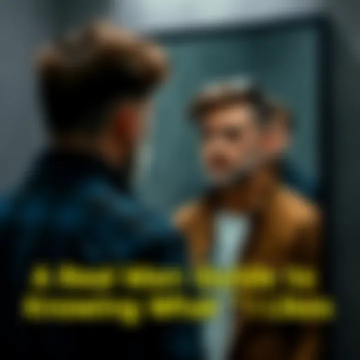 A confident man stands in front of a mirror, contemplating his personal likes and choices, showcasing self-awareness and individuality.