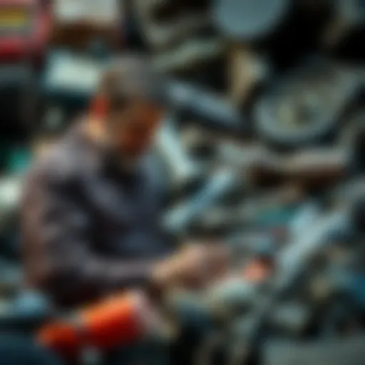 A man examining various discarded items, highlighting their hidden value, with a look of determination.