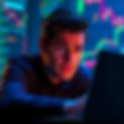 A concerned man gazing at his laptop screen, worried about losing money in an online trading scheme.