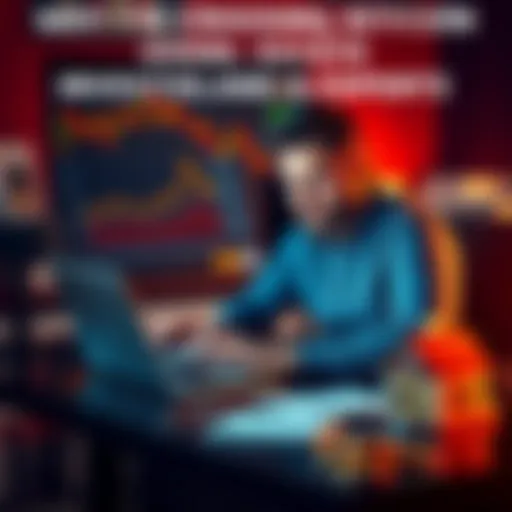 A man sitting at a desk with a laptop, looking at Bitcoin statistics, with a sold house model and Bitcoin coins beside him