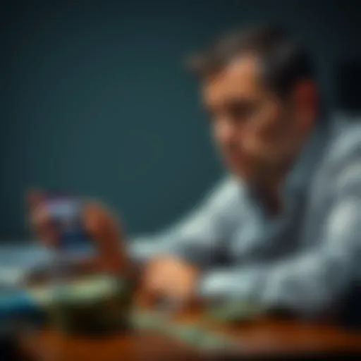 A man with a worried expression sitting at a table, looking at a stack of money and a smartphone with a scam ad on the screen, pondering his choices.