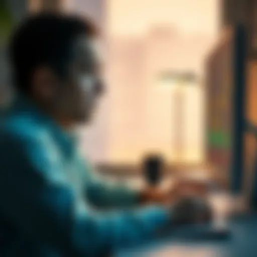 A man with a worried expression sitting at a desk, staring at his computer with financial charts on the screen, symbolizing loss and regret.