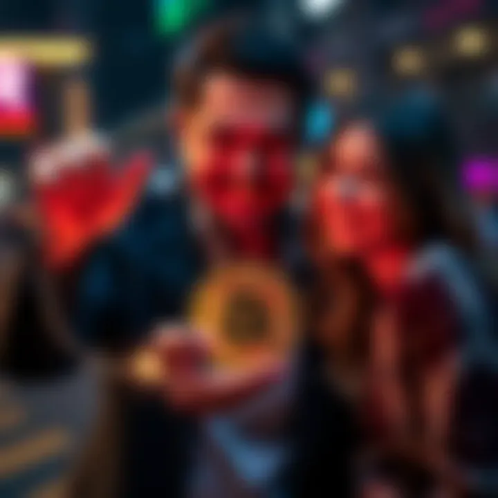 A man hands a Bitcoin symbol to a woman while smiling, representing a modern dating gesture.