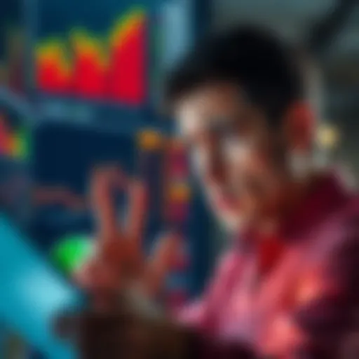 A worried man looking at financial charts and graphs, contemplating investing his parents' life savings into ATOM, with an anxious expression and concerned body language.