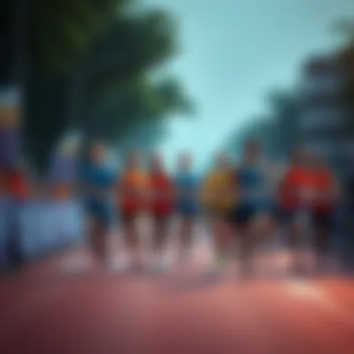 Group of runners celebrating at the finish line, showcasing teamwork and unity.