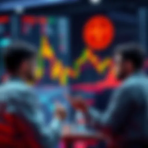 People engaged in a trading discussion about Cardano and wallet security with charts and graphs in the background.