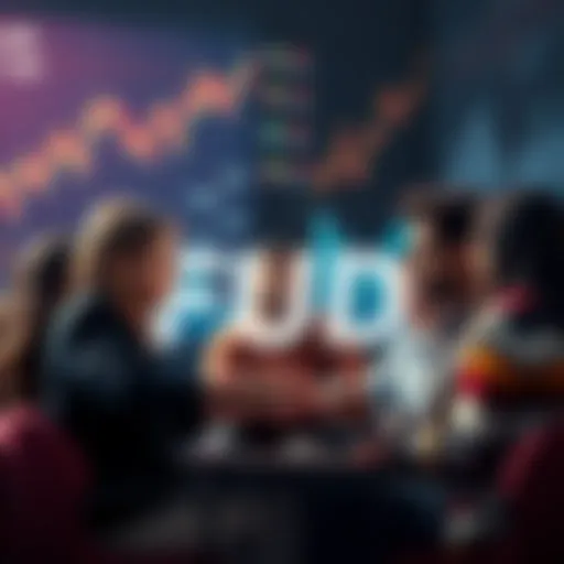 A group of diverse people engaging in a discussion about market fears and uncertainties, with charts and graphs in the background.