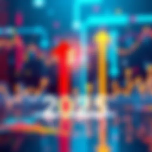 A graph showing rising price trends for 2025 with upward arrows and market symbols