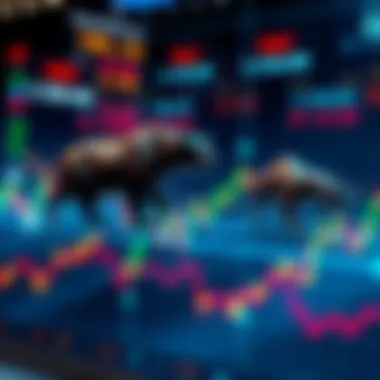 A graph showing fluctuating stock market trends with bear and bull symbols representing market conditions.