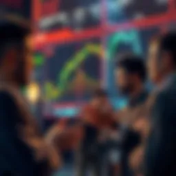 A group of people discussing investment strategies with charts showing fluctuating prices in the background.
