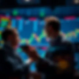 Traders observing fluctuating market graphs, showing signs of speculative trading and leverage effects.