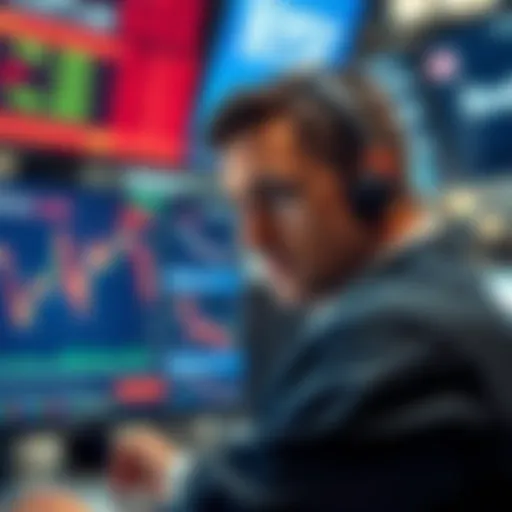 A trader looks concerned at a computer screen displaying falling stock prices during a market dip.