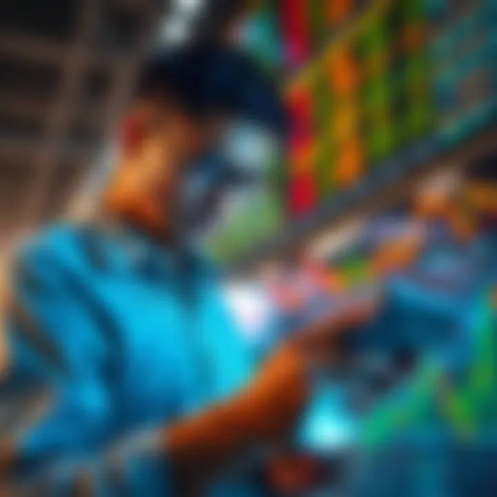 An anxious investor checking stock prices on a digital device as market trends show a dip toward 87K.