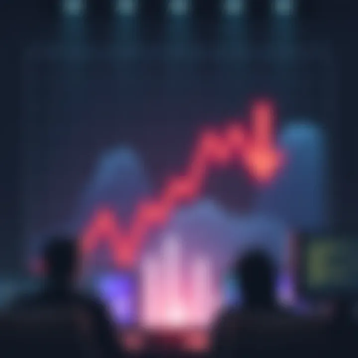 Graph showing a steep decline in market values with downward arrows and worried investors looking at screens.