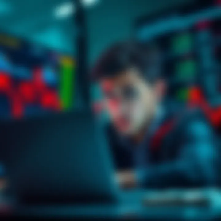 A person looking worried while monitoring stock market charts on a laptop, with red arrows indicating falling prices in the background.