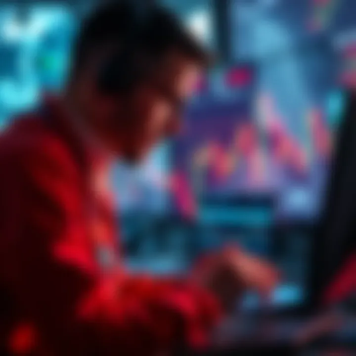 A trader analyzing market charts showing a significant price drop with a focus on a head and shoulders pattern.
