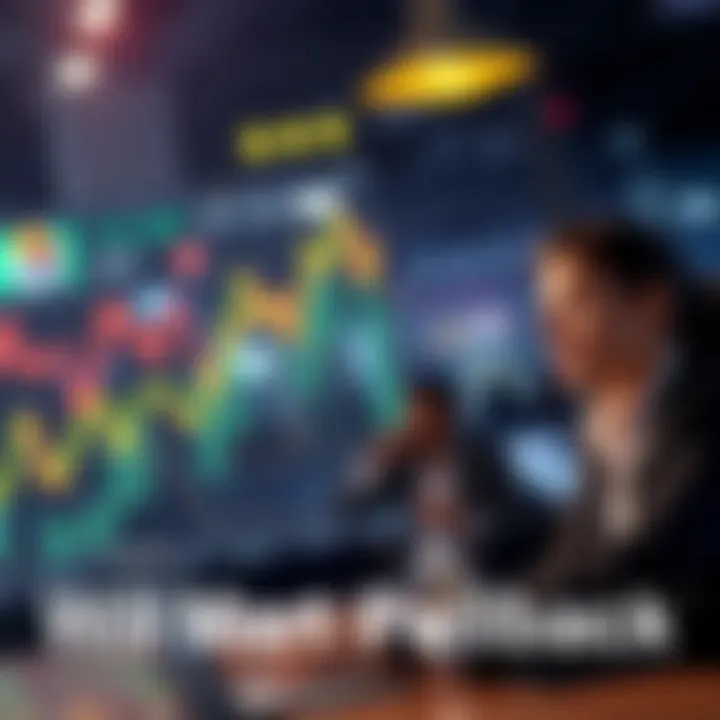 A stock market graph showing a downward trend with worried investors in the background.