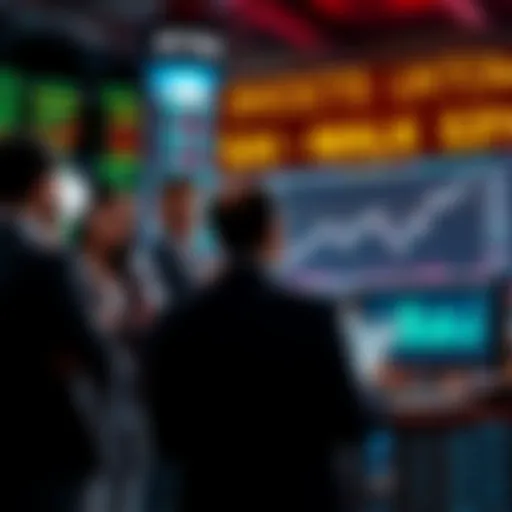 A group of analysts discussing market trends with a chart showing a fluctuating line representing the stock market rally and signs of skepticism in the background.