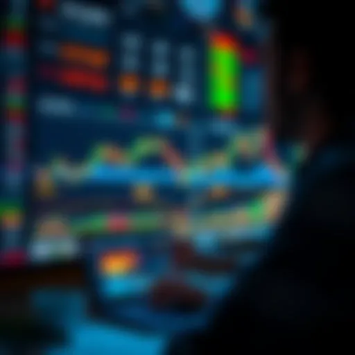 A person analyzing stock market charts and trends on a computer screen with graphs showing rising and falling lines, indicating investment decisions during all-time highs and potential dips.