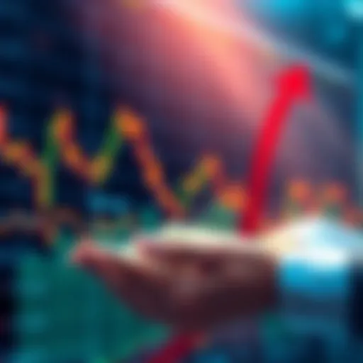 Illustration showing a stock market graph with falling lines, cash reserves in hand, and arrows indicating buy order strategies