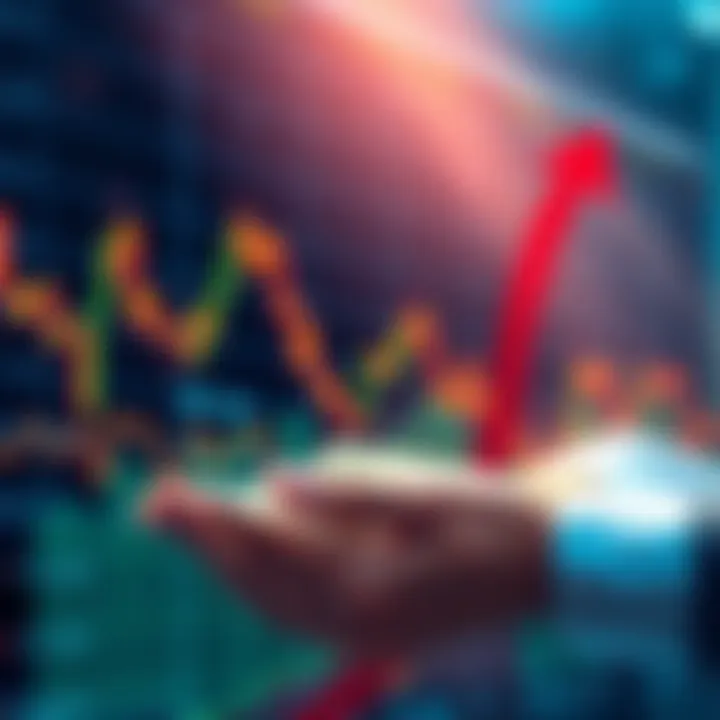 Illustration showing a stock market graph with falling lines, cash reserves in hand, and arrows indicating buy order strategies