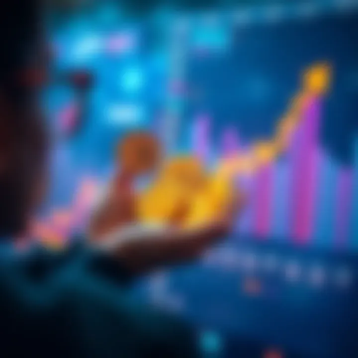 A person holding cryptocurrency coins while looking at a rising graph, symbolizing the HODL strategy during market fluctuations.