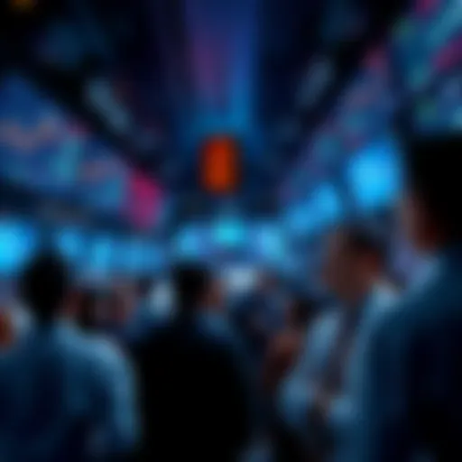 A confused crowd of investors looking at fluctuating stock charts displayed on screens, symbolizing uncertainty in the financial market.