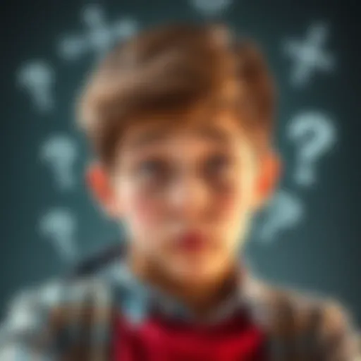 A student looking puzzled at a math equation with question marks around.