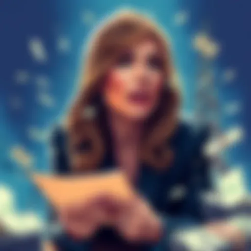 Illustration of Melania involved in a financial scandal with documents and money showing loss