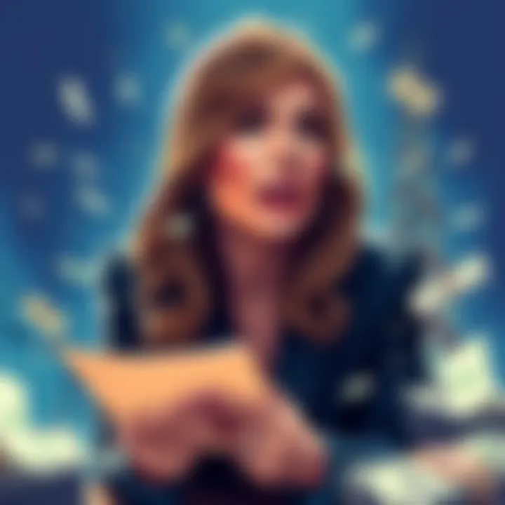 Illustration of Melania involved in a financial scandal with documents and money showing loss