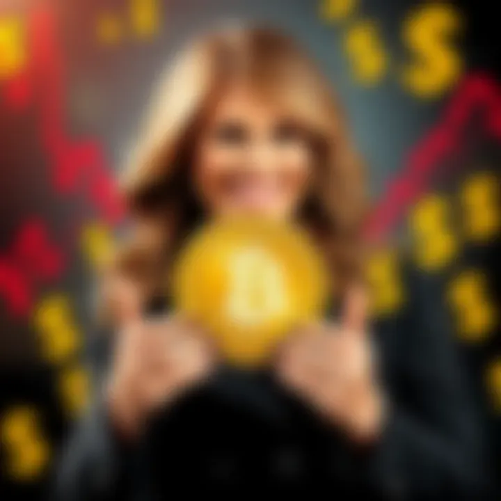 Melania Trump smiling while holding a memecoin graphic, surrounded by financial charts and dollar signs, reflecting the controversy around a $10 million sell-off