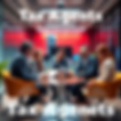 A group of tax agents discussing cryptocurrency tax strategies in a modern office setting.