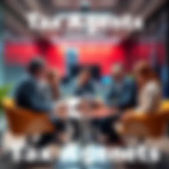 A group of tax agents discussing cryptocurrency tax strategies in a modern office setting.