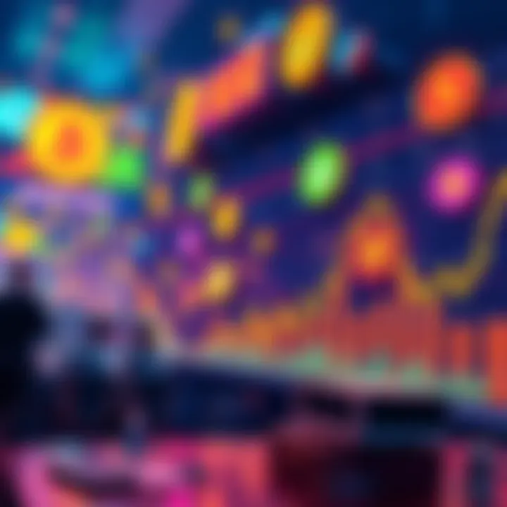 A vibrant display of various meme coin symbols with traders excitedly watching graphs go up, representing the surge of meme tokens on BNB Chain.