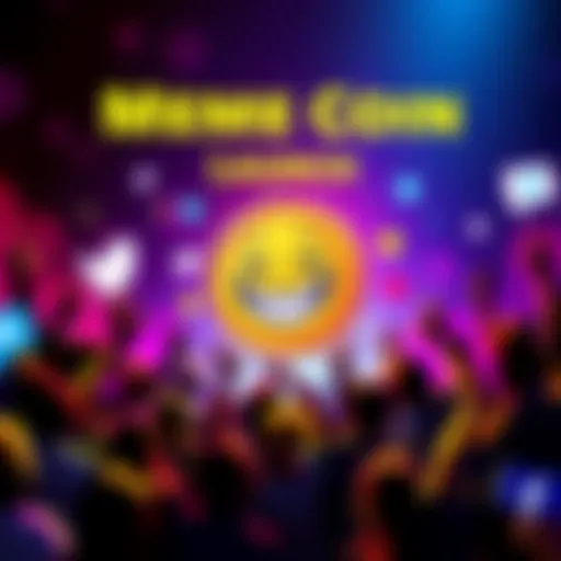 A vibrant graphic showing a coin with a funny meme face, surrounded by excited people and social media icons, representing community engagement and support for a meme coin project.