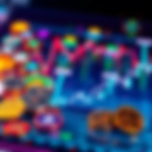 A visual representation of a memecoin index, featuring colorful coins labeled with popular memecoin names and market cap symbols, showing a digital chart indicating growth.