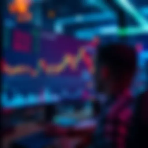 A person analyzing memecoins on a computer screen with charts and graphics showing price movements, symbolizing trading activity.