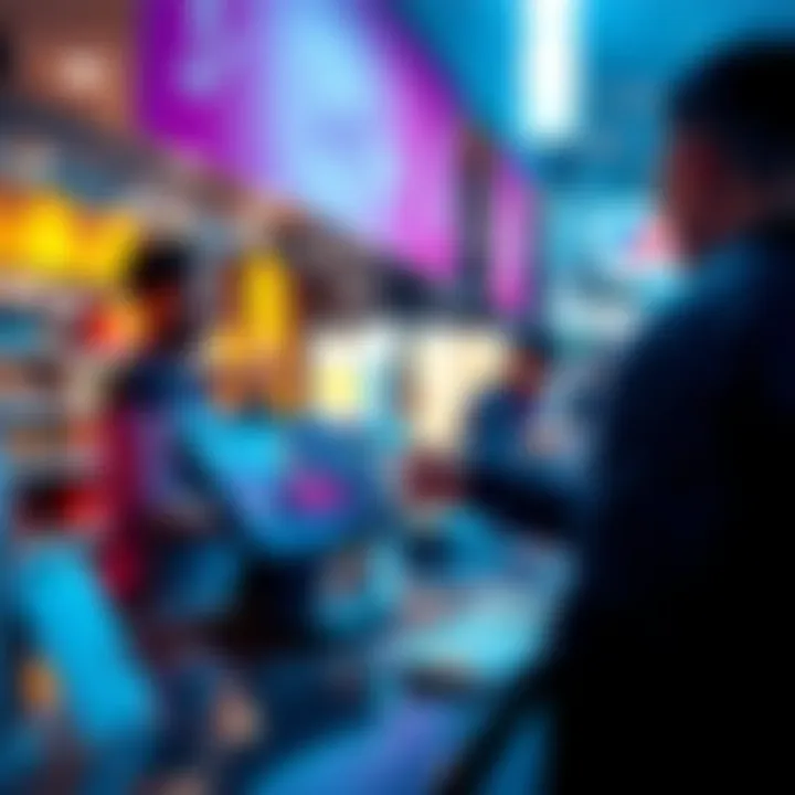 A merchant at a checkout counter using a digital device to accept Lightning Network payments from a customer