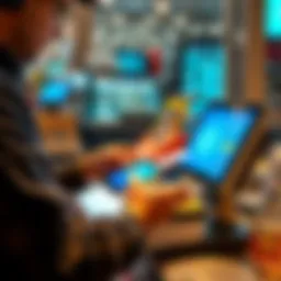 A merchant at a cash register accepting a Lightning Network payment on a tablet, showcasing a transaction in progress with a digital screen displaying fast payment confirmation.