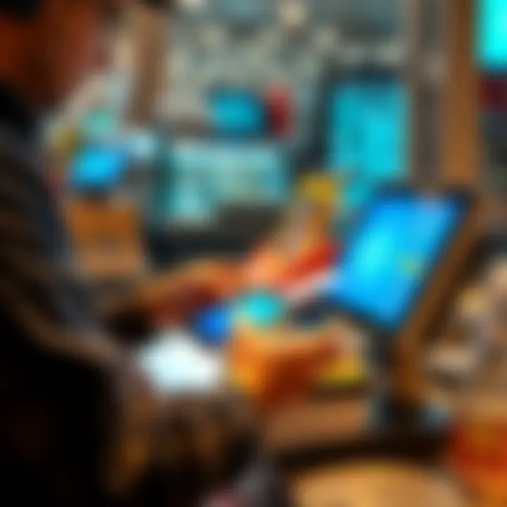 A merchant at a cash register accepting a Lightning Network payment on a tablet, showcasing a transaction in progress with a digital screen displaying fast payment confirmation.