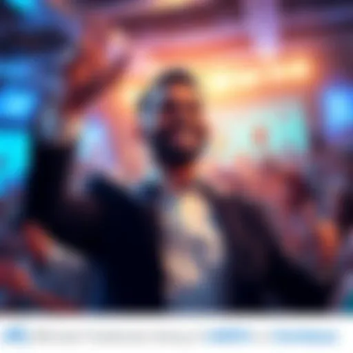 Michael announcing the listing of wXCH on Coinbase, with a cheerful expression and excited crowd in background