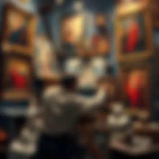 An artist painting inspired by Michelangelo's techniques, surrounded by his artworks.