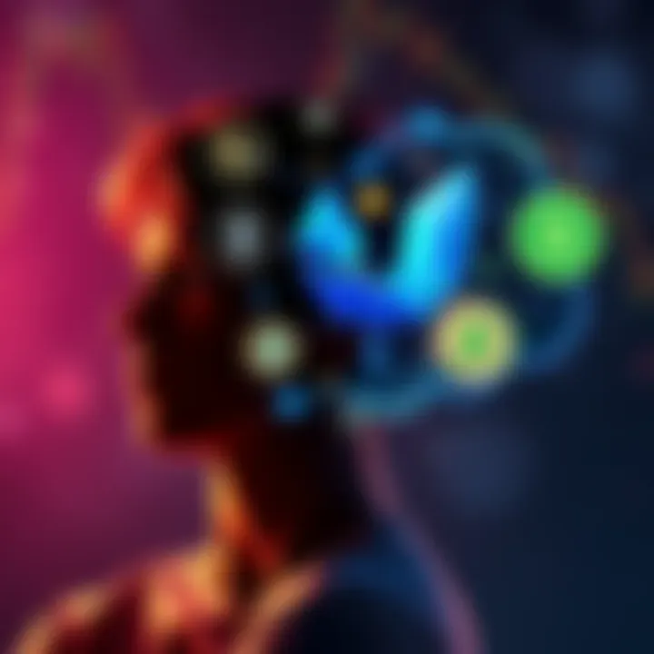 A person visualizing cryptocurrency symbols like ETH, SOL, and BTC in a thought bubble, representing the idea of telepathy influencing their prices.