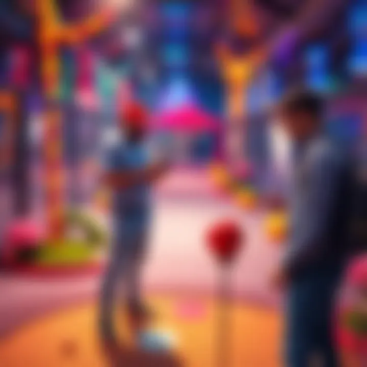 A minigolf player stands at a hole, visibly frustrated while looking at their scorecard. Nearby, a friend checks their phone, discussing game issues. The course is colorful with obstacles in the background.