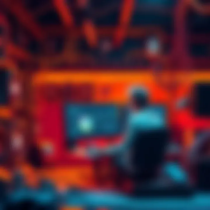 A person sitting at a computer looking at old cryptocurrency mining data, surrounded by gaming rigs and digital coins.
