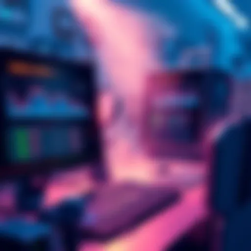 Illustration showing a computer with mining software displaying hash rate statistics and connected to a mining pool network